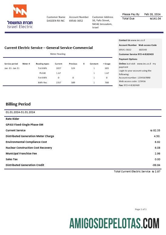 imprimível Modelo de conta de serviços públicos da Israel Electric Corporation em formatos Word e PDF